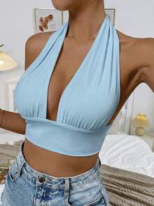 Glamine 女士简约纯色露背短款吊带背心，夏季 - 淺藍色 - 查看 5