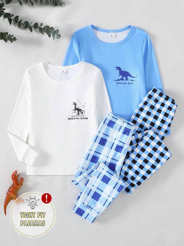 4pcs/2sets Young BoyDinosaur Print Blue & Gray Long Sleeve Top And Classic Plaid Leggings 4-Piece Pajama Set, Casual Comfortable Outfit For Autumn/Winter