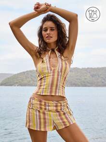 Aralina 女士休闲露背吊带上衣搭配同款短裤套装，非常适合夏季、海滩和派对穿着。 - 彩色 - 查看 6