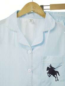 青少年/男士休闲条纹马图案印花褶皱面料长袖开衫和长裤家居服套装 - 藍色 - 查看 5