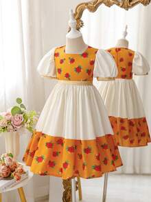 Glamorique Kids 少女碎花印花方领荷叶边短袖复古连衣裙 - 杏色 - 查看 8