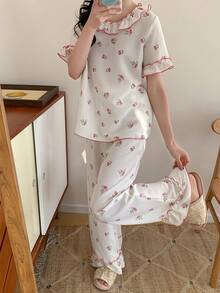 2pcs Comfortable Corduroy Tulip Floral Pattern Crew Neck Long Sleeve Pajama Set For Teens - White - View 1