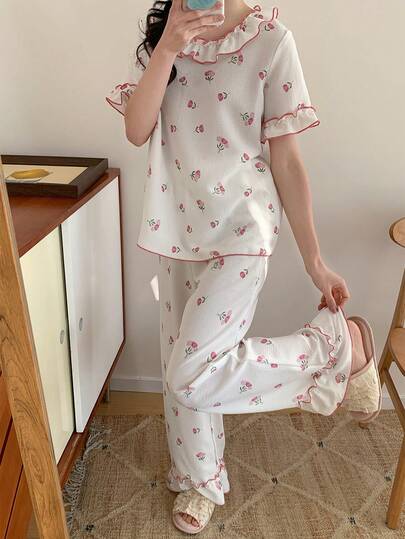 2pcs Comfortable Corduroy Tulip Floral Pattern Crew Neck Long Sleeve Pajama Set For Teens