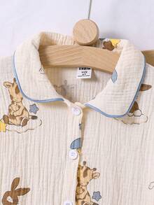 Young Boy 2pcs Beige Soft Fabric Animal Print Lapel Shirt And Casual Pants Loungewear Set - Multicolor - View 5