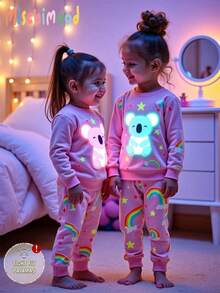 SHEIN 2 件装少女可爱彩虹星熊印花长袖上衣和紧身裤睡衣套装