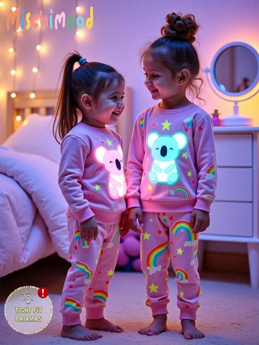 SHEIN 2 件装少女可爱彩虹星熊印花长袖上衣和紧身裤睡衣套装