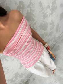 Glamine Women's Summer Vacation Asymmetric Neck One Shoulder Pleated Fitted Striped Sleeveless Top Striped Tube Top - Pink - View 4