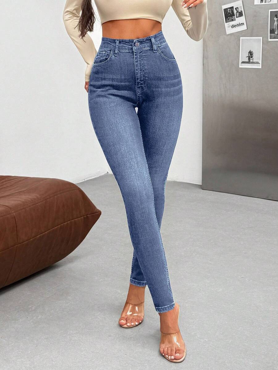 EURMUSE SOLID COLOR SLANT POCKET HIGH WAIST CASUAL STYLE DENIM JEANS - Light Wash - View 1