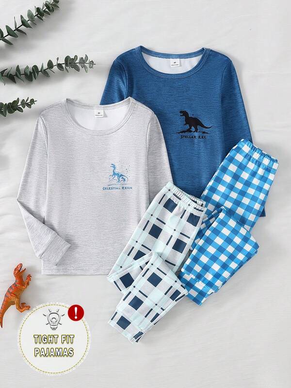4pcs/2sets Young BoyDinosaur Print Blue & Gray Long Sleeve Top And Classic Plaid Leggings 4-Piece Pajama Set, Casual Comfortable Outfit For Autumn/Winter