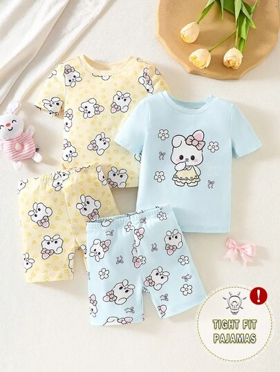 Dozy Joy 4-Piece Baby Girls Knit Crew Neck Short Sleeve Shorts Set, Cartoon Leopard, Bow, Rabbit Print, Casual, Comfortable, Soft, Summer Home Outfit