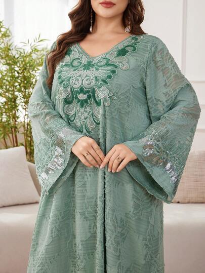 SHEIN Najma Plus Size Women's Elegant Sequin Embroidered Turkish Maxi Dress