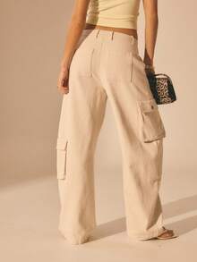 Aralina 女士低腰低腰奶油色牛仔工装裤，带口袋，宽松裤，阔腿裤 - 杏色 - 查看 2