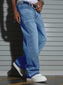 Manfinity EMRG Men's Rhinestone Print Wide Leg Jeans Baggy Y2k Jeans Rhinestone Jeans Men, Perfect Holiday Gift For Boyfriend & Husband - Light Wash - View 3