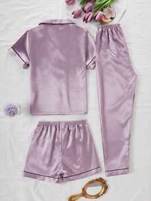 Bộ đồ thường ngày 3 món cho bé gái: Quần dài, quần short và áo thun ngắn tay cổ bẻ màu hồng nhạt trơn chất liệu vải. - Màu tím - Xem 2