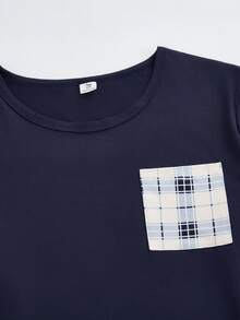 男士格子衬衫长裤两件套，青少年男孩休闲家居服 - 藏蓝色 - 查看 4