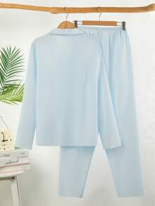 青少年/男士休闲条纹马图案印花褶皱面料长袖开衫和长裤家居服套装 - 藍色 - 查看 2