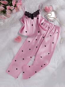 女童优雅黑色爱心蕾丝拼接柔软缎面吊带背心和长裤两件套睡衣 - 彩色 - 查看 3