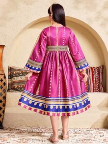 SHEIN Tween Girl Print Loose Flare Sleeve Midi Dress Tween Girl Arabian Dress, Tween Girl - Purple - View 6