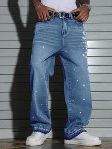 Manfinity EMRG Men's Rhinestone Print Wide Leg Jeans Baggy Y2k Jeans Rhinestone Jeans Men, Perfect Holiday Gift For Boyfriend & Husband - Light Wash - View 4