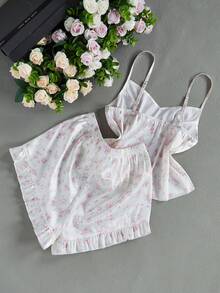 Bộ đồ ngủ 2 mảnh cho bé gái, màu hồng hoa văn, chất liệu satin mềm mại, gồm áo hai dây và quần short. - Nhiều màu - Xem 2