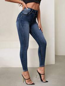 Selenza 女士口袋纽扣修身休闲通勤牛仔裤 - 藍色 - 查看 5