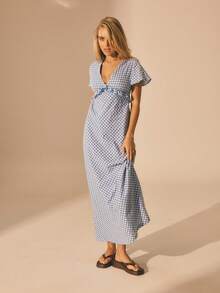 Aralina V领短喇叭袖荷叶边长连衣裙 - 藍白色 - 查看 7