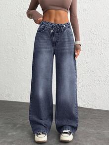 WOMEN CLASSIC HIGH WAIST WIDELEG MEDIUM WASH DENIM JEAN ASYMETRIC WAIST Y2K