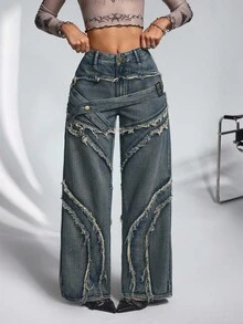 Jeanoix 女士休闲破洞阔腿牛仔裤 宽松牛仔裤 Y2K 宽松牛仔裤 阔腿牛仔裤 女士破洞牛仔裤 - 藍色 - 查看 4