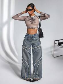 Jeanoix Jeans anchos de pierna casual lavados y deshilachados para mujer - Azul - Ver 5