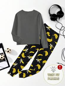 一套男童滑板香蕉超级英雄印花针织修身圆领长袖上衣和裤子睡衣套装，春秋季 - 灰色 - 查看 2