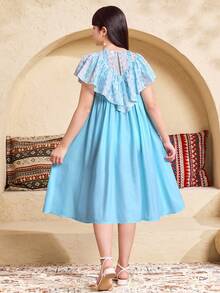 SHEIN Đầm ngắn tay dáng suông họa tiết hoa cho bé gái tuổi teen. - Màu xanh lam - Xem 7