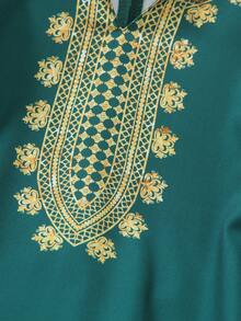 1 chiếc đầm truyền thống màu xanh ô liu cho bé gái, cổ chữ V nhỏ, in hoa vàng, thiết kế tinh tế và thanh lịch, viền vàng ở cổ tay và eo, thích hợp cho các lễ hội, tiệc tùng, ngày lễ. - Màu xanh lá cây đậm - Xem 8