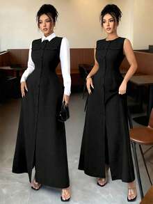 Elenzga 新款女士圆领无袖仿毛皮斜纹面料开襟假口袋A字春秋季休闲度假通勤百搭优雅长裙 - 黑色 - 查看 1