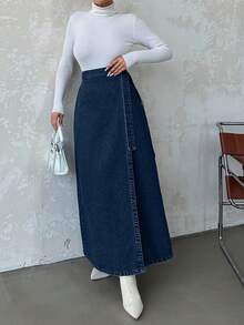 EURMUSE Women's Casual High Waist Tie-Front Long Denim Skirt, Suitable For Daily Commute In Summer - Dark Wash - View 4