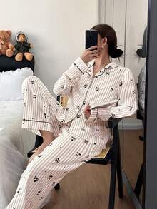 SHEIN 蝴蝶结、爱心和樱桃印花领长袖睡衣套装 - 黑色 - 查看 5