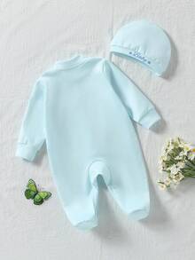 2pcs Baby Girls Newborn Knitted Elastic Double-Sided Flat Fabric Light Blue Beanie Hat & Long Sleeve Romper Set With Chest Flower, English Text & Cute Bow Accent - Baby Blue - View 2