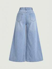 SHEIN MOD Celana Jeans Wanita Ukuran Plus dengan Kantong dan Potongan Lebar - Biru - View 2