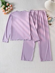 مجموعة بنطلون ولباس علوي بأكمام طويلة لون بنفسجي غامق بيجامات مريحة للبنات قطعتان - الأرجواني - مشاهدة 2