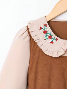 SHEIN Tween Girl Contrast Color Peter Pan Collar Long Sleeve Vintage Dress - Brown - View 6