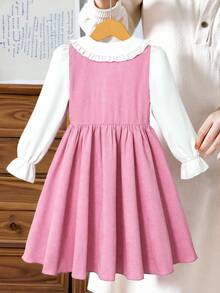 Tween Girls Cute Peter Pan Collar Embroidered Contrast Color Dress - Pink - View 2