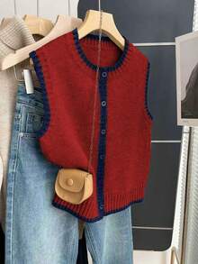 Franclia French Retro Loose Round Neck Sleeveless Contrast Trim Khaki Women Sweater Vest, Suitable For Autumn/Winter Women Outfits - Red - View 3