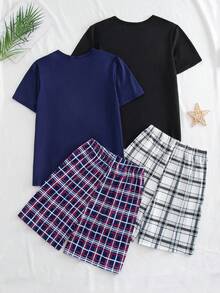 Bộ đồ ngủ mùa hè cho bé trai tuổi teen, áo tay ngắn và quần short kẻ caro, đồ mặc nhà thoải mái. - Nhiều màu - Xem 2