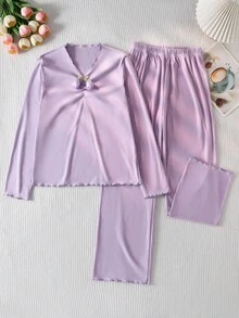 مجموعة بنطلون ولباس علوي بأكمام طويلة لون بنفسجي غامق بيجامات مريحة للبنات قطعتان - الأرجواني - مشاهدة 11