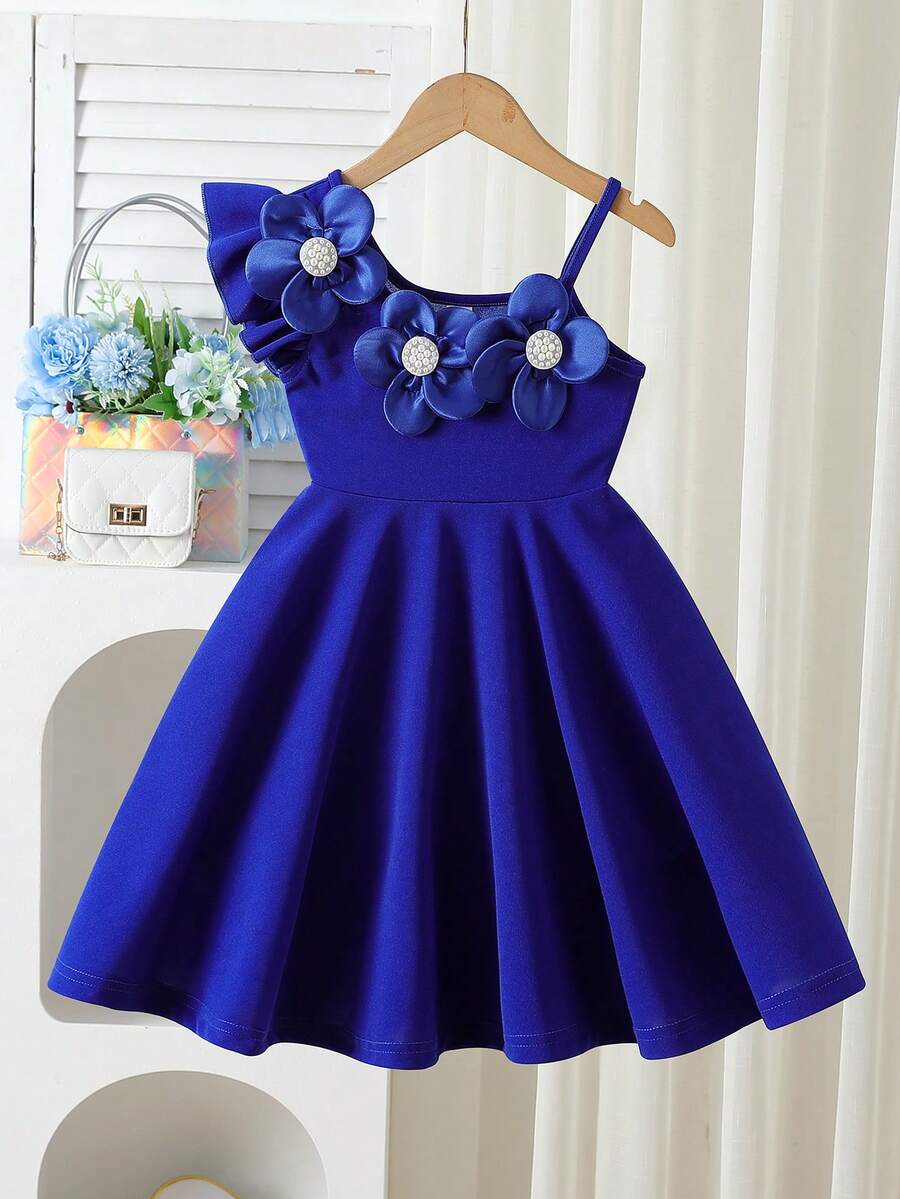 Elladie kids 女童白色连衣裙,饰有3D串珠花朵,收腰A字廓形,适合生日派对和夏季穿着。 - 寶藍色 - 查看 1