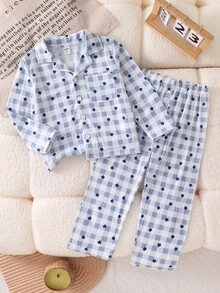 2件套蓝色绅士格子长袖休闲舒适男童睡衣套装 - 藍色 - 查看 6
