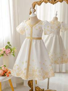 Glamorique Kids Đầm dự tiệc tay phồng, họa tiết hoa, phối ruy băng, dành cho bé gái, thích hợp cho mùa hè. - trắng - Xem 7