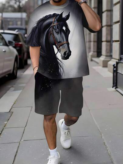 Manfinity LEGND Men's Black & Grey Ombre Black Horse Pattern Casual T-Shirt And Shorts Set Mens Graphic T-Shirt And Shorts Set