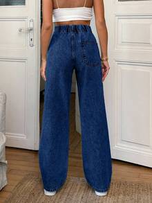 100% Cotton Elastic Belt Detailed Straight Cut Jean - Royal Blue - View 2