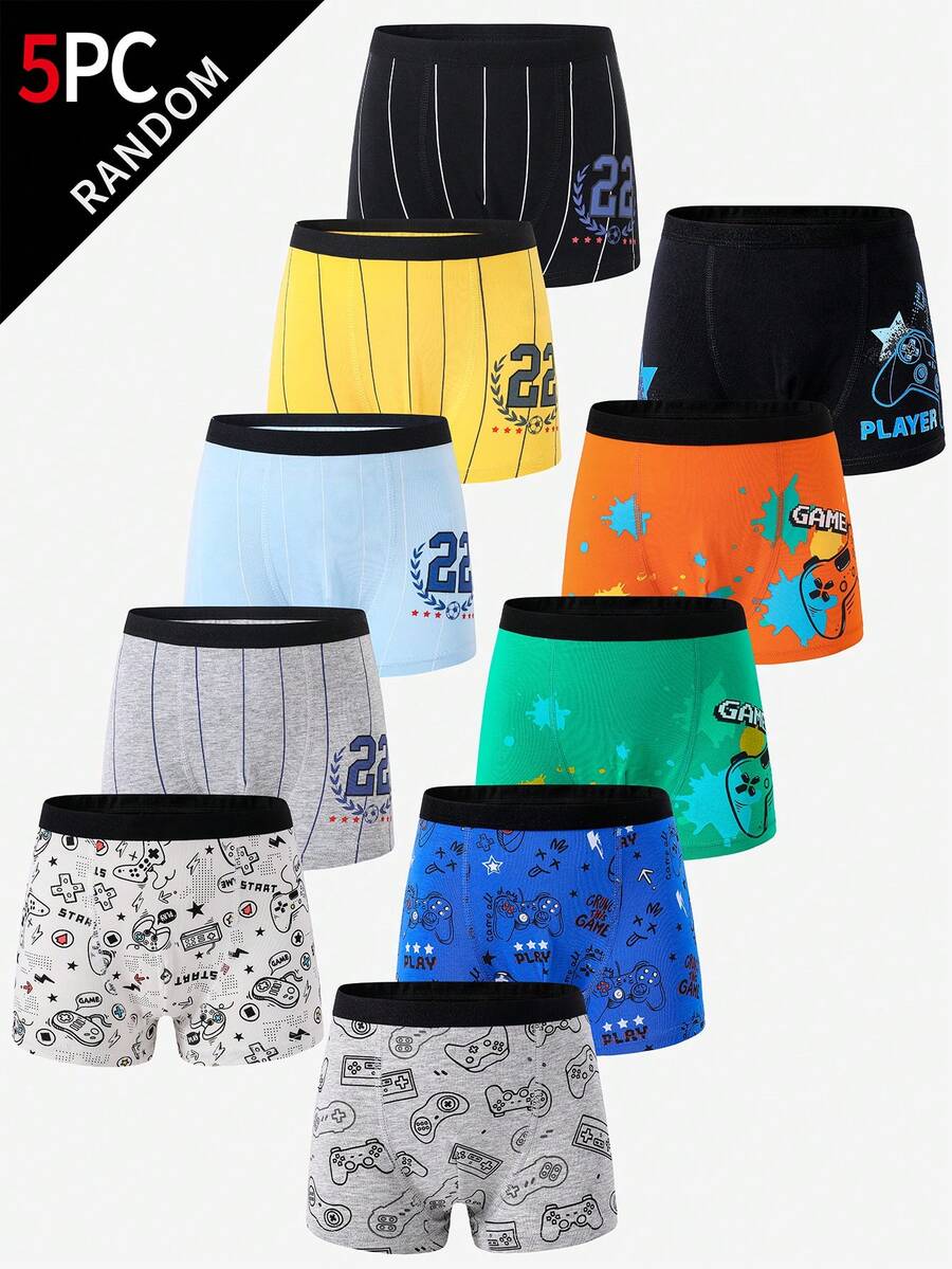 男童平角内裤 - 5 条装，随机图案，色彩缤纷，弹性腰带，舒适四季皆宜，适合 2026 年假日季，卡通游戏运动条纹纯色腰带，柔软贴身，幼儿青少年平角内裤多件装礼品 - 彩色 - 查看 1