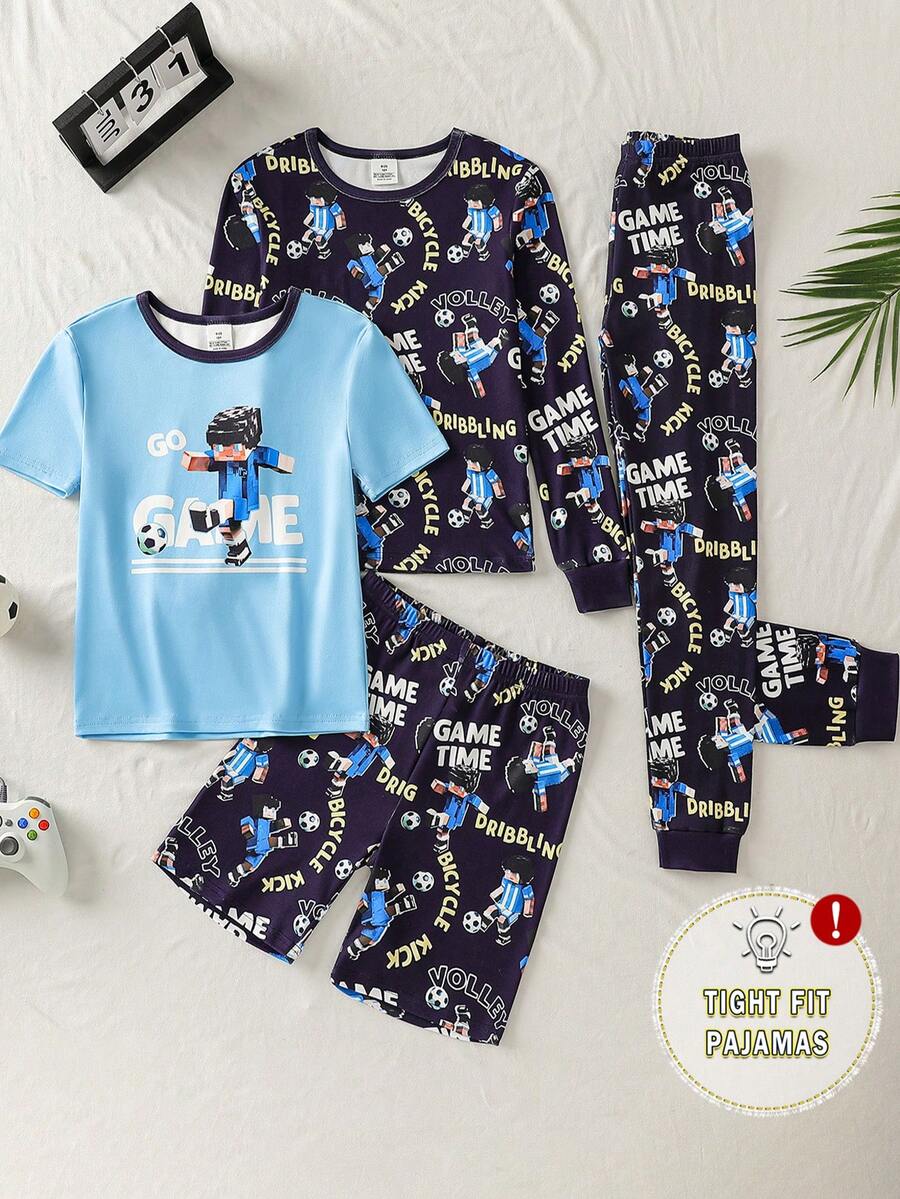 两件套男童贴身睡衣套装，兔子印花长袖上衣和长裤，弹力睡衣，适合春秋季穿着 - 彩色 - 查看 1